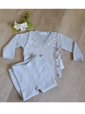 Baby Blue Ribbed Knit Wrap Set Feltman Brothers 100% Cotton 12 Months NWT